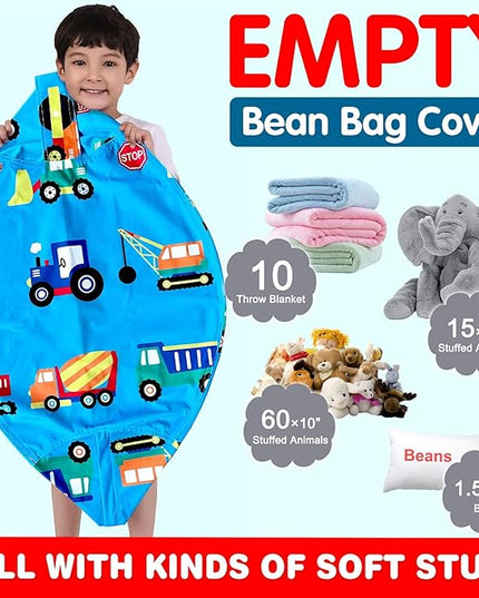 Lukeight Stuffed Animal Storage Bean Bag Chair Cover for Kids, Zipper Beanbag Chair Cover for Organizing Toddler & Kids' Rooms Plush Toys (Construction Velvet, Large) - LeafyLoom