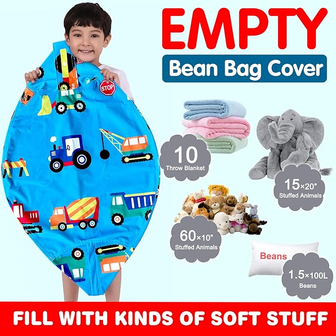 Lukeight Stuffed Animal Storage Bean Bag Chair Cover for Kids, Zipper Beanbag Chair Cover for Organizing Toddler & Kids' Rooms Plush Toys (Construction Velvet, Large) - LeafyLoom