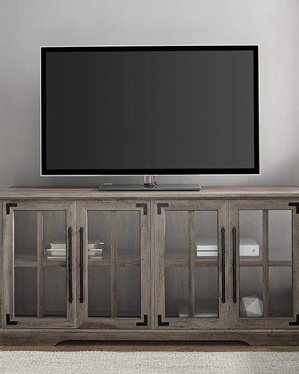 Walker Edison Farmhouse Barn Glass Door Wood Universal TV Stand for TV's up to 64" Flat Screen Living Room Storage Cabinet Doors and Shelves Entertainment Center, 58 Inch, Grey Wash - LeafyLoom
