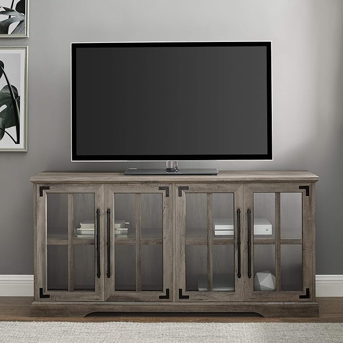 Walker Edison Farmhouse Barn Glass Door Wood Universal TV Stand for TV's up to 64" Flat Screen Living Room Storage Cabinet Doors and Shelves Entertainment Center, 58 Inch, Grey Wash - LeafyLoom