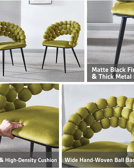 Sage Green Woven Velvet Barrel Accent Chairs with Black Metal Legs, Upholstered Side Chair for Dining Room Vanity Living Room - LeafyLoom