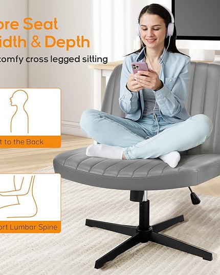 Criss Cross Chair, Cross Legged Office Chair, Wide Comfty Desk Chair, No Wheels Armless Computer Task Chair, Swivel Vanity Home Chair, Height Adjustable - LeafyLoom