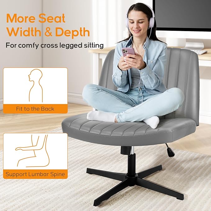 Criss Cross Chair, Cross Legged Office Chair, Wide Comfty Desk Chair, No Wheels Armless Computer Task Chair, Swivel Vanity Home Chair, Height Adjustable - LeafyLoom