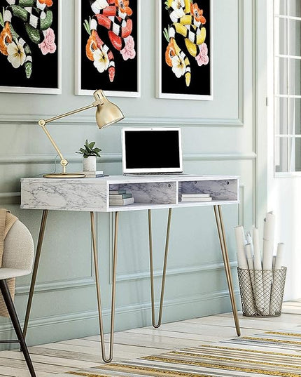 Novogratz Athena Computer Desk with Storage, White Marble - LeafyLoom