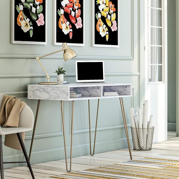Novogratz Athena Computer Desk with Storage, White Marble - LeafyLoom