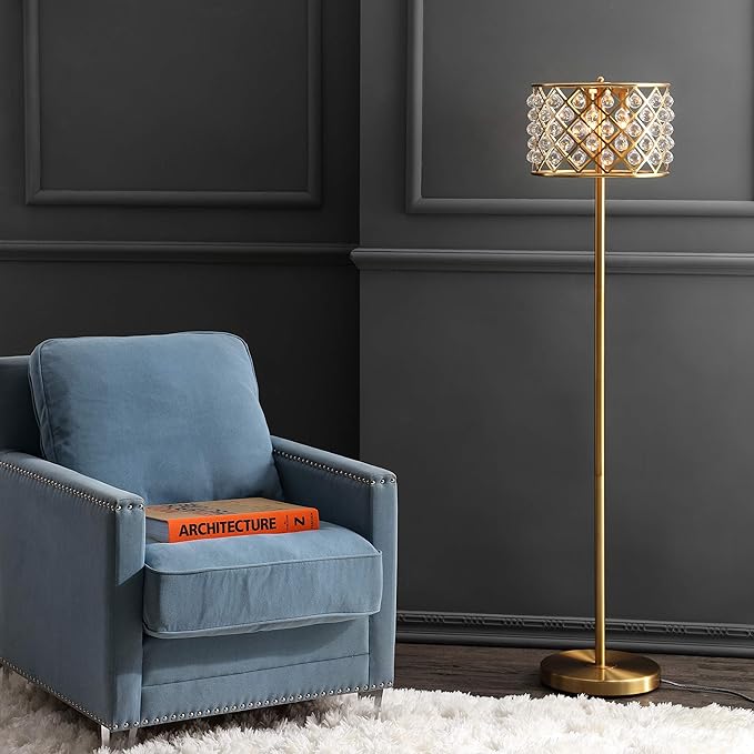 JONATHAN Y JYL9000A Elizabeth 60" Crystal/Metal LED Floor Lamp, Contemporary, Transitional, Elegant, Geometric, Office, Living Room, Family Room, Dining Room, Bedroom, Hallway, Foyer, Brass Gold/Clear - LeafyLoom