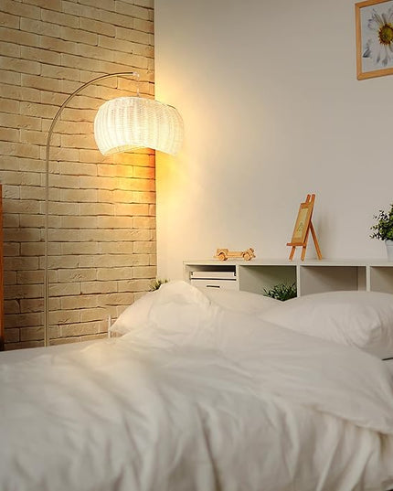 Brightech Wave Arched Floor Lamp – Unique Hanging Wicker Shade for Living Rooms – Rattan Style Matches Boho and Other Décor – Arcs Over Sofas and Dining Tables for Compliments - Brass - LeafyLoom