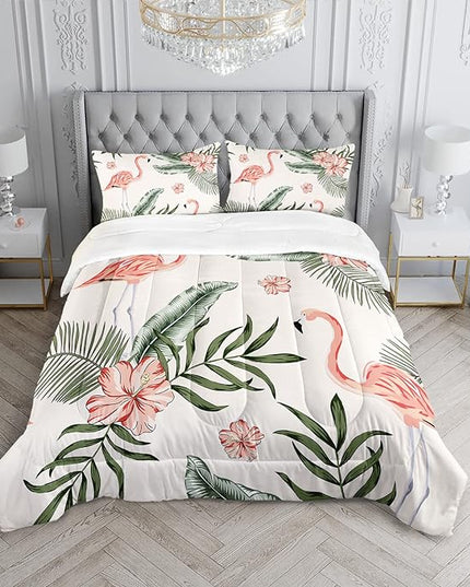 Flamingo Comforter Set Full Size Tropical Flamingo Palm Tree Leaf Pattern Bedding Set Flower Quilted Duvet for Kids Girls Boys Adult with 1 Comforter and 2 Pillowcases - LeafyLoom