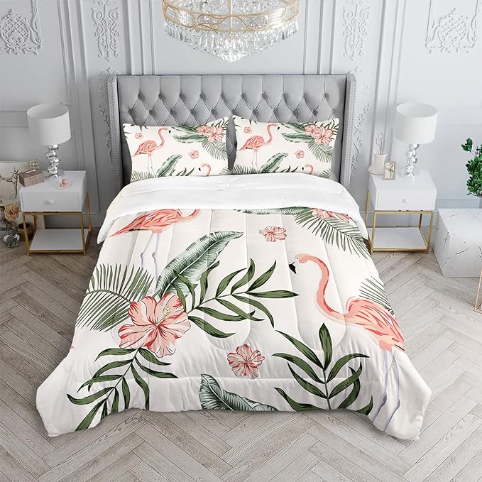 Flamingo Comforter Set Twin Size Tropical Flamingo Palm Tree Leaf Pattern Bedding Set Flower Quilted Duvet for Kids Girls Boys Adult with 1 Comforter and 2 Pillowcases - LeafyLoom