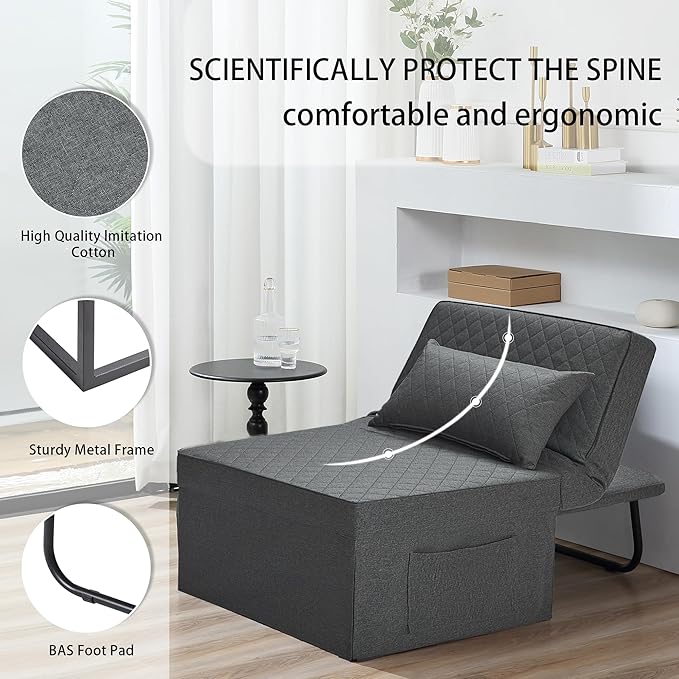 Sofa Bed, 4 in 1 Multi-Function Folding Ottoman Breathable Linen Couch Bed with Adjustable Backrest Modern Convertible Chair for Living Room Apartment Office,Squared-Linen Dark Grey - LeafyLoom
