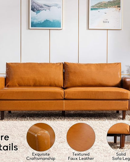 Dreamsir 80'' Faux Leather Sofa Couch, Mid-Century Modern Sofa with Solid Wooden Frame & Padded Cushions, 3-Seater Couch for Living Room, Apartment, Lounge Room (Camel) - LeafyLoom