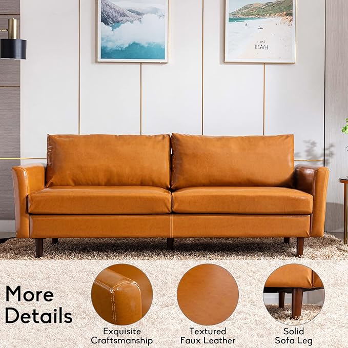 Dreamsir 80'' Faux Leather Sofa Couch, Mid-Century Modern Sofa with Solid Wooden Frame & Padded Cushions, 3-Seater Couch for Living Room, Apartment, Lounge Room (Camel) - LeafyLoom