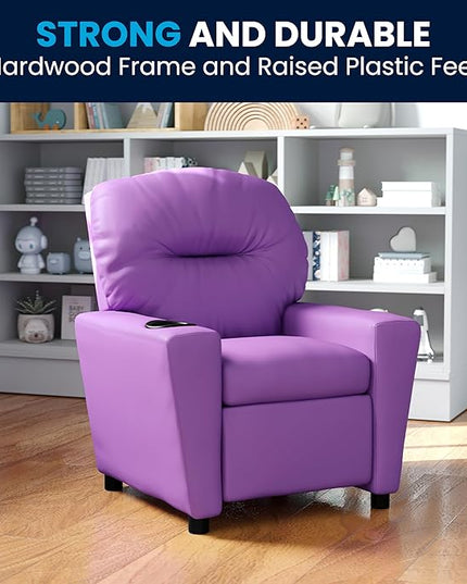 Flash Furniture Chandler Vinyl Kids Recliner with Cup Holder and Safety Recline, Contemporary Reclining Chair for Kids, Supports up to 90 lbs., Lavender - LeafyLoom