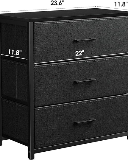 Nightstand with 3 Drawers for Bedroom, Storage Dresser with Fabric Drawers and Metal Frame for Closet, Living Room, Bedside Table with Wood Top, Easy Pull Handle, Black - LeafyLoom