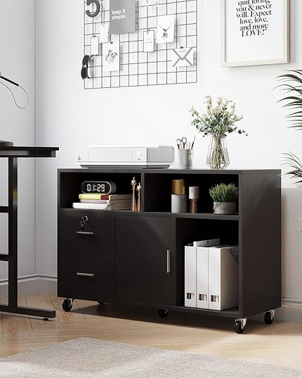 YITAHOME Wood File Cabinet, 2 Drawer Mobile Lateral Storage Cabinet Printer Stand with Lock and Open Storage Shelves for Home Office, Black,Drawers without Hanging Bars - LeafyLoom