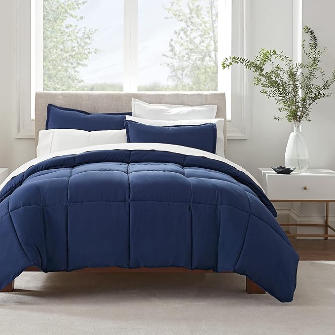SERTA Simply Clean Ultra Soft Hypoallergenic Solid 3 Piece Comforter Set, King, Navy - LeafyLoom