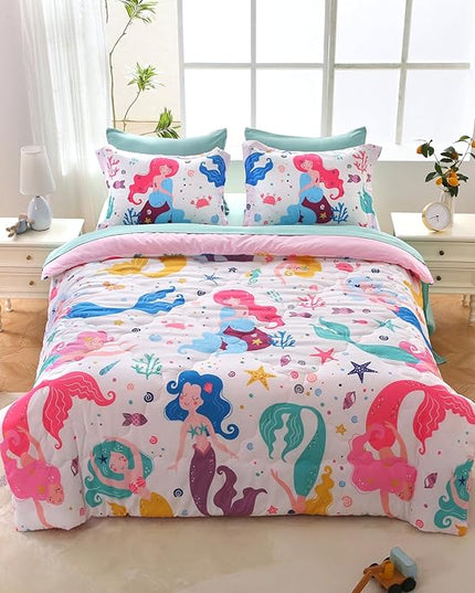 Wajade Kids Mermaids Comforter Set Bed in A Bag Twin Size 7 Piece Colorful 3D Cartoon Mermaids Bedding Set for Girls (1 Comforter, 1 Flat Sheet, 1 Fitted Sheet, 2 Pillowcase and 2 Pillow Sham) - LeafyLoom
