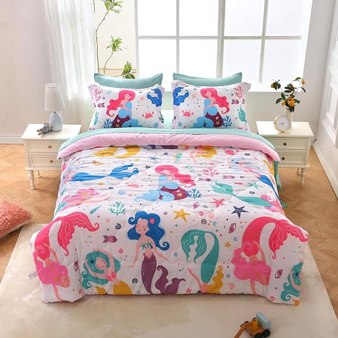 Wajade Kids Mermaids Comforter Set Bed in A Bag Twin Size 7 Piece Colorful 3D Cartoon Mermaids Bedding Set for Girls (1 Comforter, 1 Flat Sheet, 1 Fitted Sheet, 2 Pillowcase and 2 Pillow Sham) - LeafyLoom