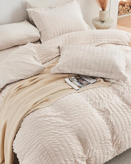 HYMOKEGE Seersucker Comforter Set Full Size 3 Pieces, Lightweight Comforter Sets for Bedding, Bed Set with 1 All Season Soft Down Alternative Comforter and 2 Pillow Shams, Beige - LeafyLoom