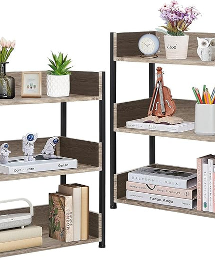 VECELO Bookshelf,Small Bookcase,3-Tier Storage Organizer,Industrial Shelving Unit for Living Room,Classroom,Office,Dormitory,Set of 2,Brown - LeafyLoom