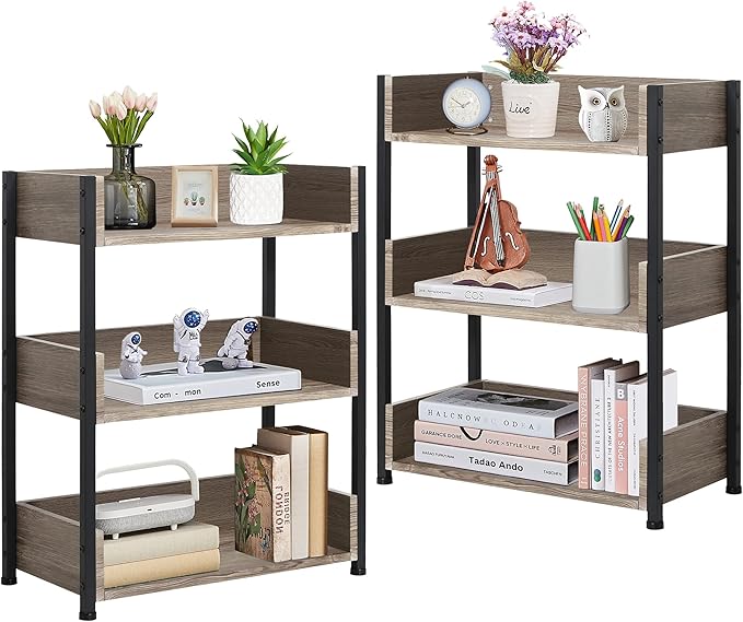 VECELO Bookshelf,Small Bookcase,3-Tier Storage Organizer,Industrial Shelving Unit for Living Room,Classroom,Office,Dormitory,Set of 2,Brown - LeafyLoom