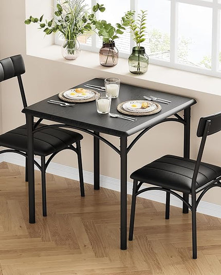 IDEALHOUSE Dining Table Set for 2, Kitchen Table and Chairs for 2, Dining Room Table Set with 2 Upholstered Chairs, 3 Piece Square Kitchen Table Set for Small Space, Apartment, Rustic Black - LeafyLoom