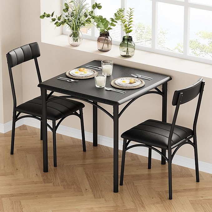 IDEALHOUSE Dining Table Set for 2, Kitchen Table and Chairs for 2, Dining Room Table Set with 2 Upholstered Chairs, 3 Piece Square Kitchen Table Set for Small Space, Apartment, Rustic Black - LeafyLoom