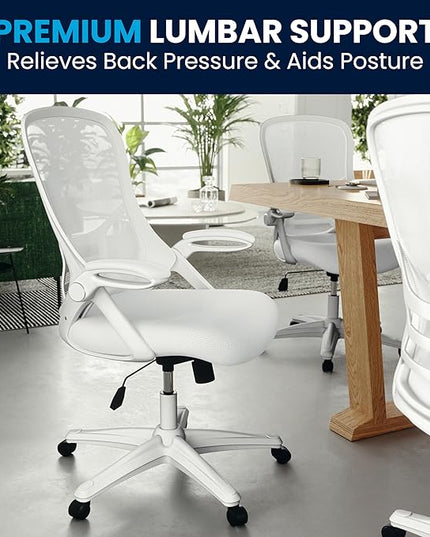 Flash Furniture Porter High-Back Swivel Office Chair with Adjustable Lumbar Support and Seat Height, Ergonomic Mesh Desk Chair with Flip-Up Armrests, White - LeafyLoom