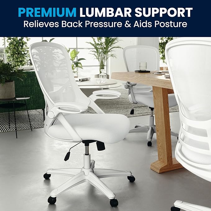 Flash Furniture Porter High-Back Swivel Office Chair with Adjustable Lumbar Support and Seat Height, Ergonomic Mesh Desk Chair with Flip-Up Armrests, White - LeafyLoom