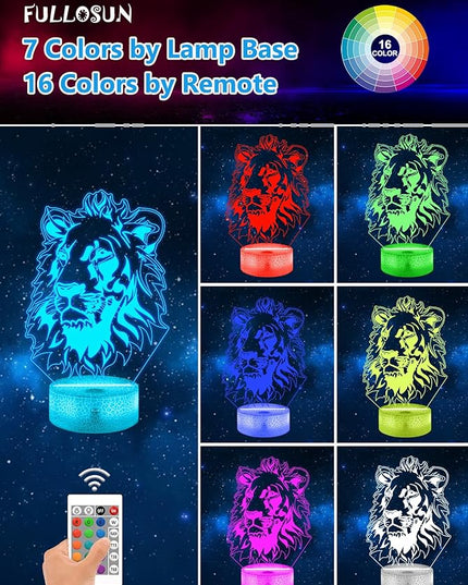FULLOSUN Lion Gift, Kids Lion Night Light (with Remote Control), 3D Illumination Lights Boys Gift 16 Colors Changeable Kids Room Lighting Creative Decoration... (Lion) - LeafyLoom
