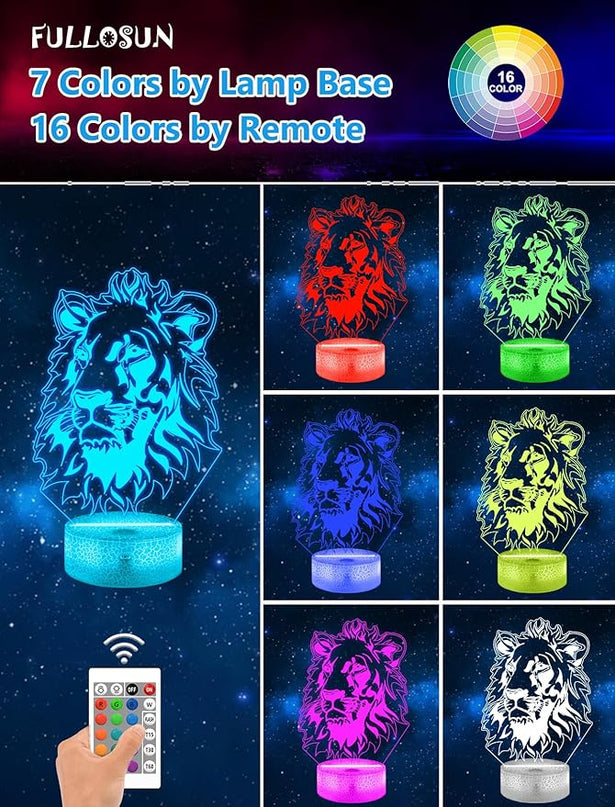 FULLOSUN Lion Gift, Kids Lion Night Light (with Remote Control), 3D Illumination Lights Boys Gift 16 Colors Changeable Kids Room Lighting Creative Decoration... (Lion) - LeafyLoom