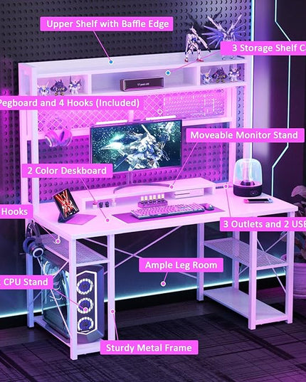 armocity 2024 Upgrade Gaming Desk with Hutch, 48'' Magic Computer Desk with LED Lights and Outlets, Reversible Workstation Desk with Pegboard and Monitor Stand, 48 Gamer Desk PC Table, White - LeafyLoom