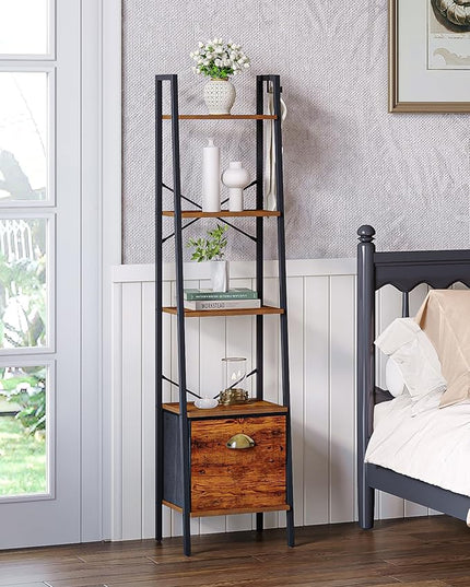 Narrow Bookshelf Bookcase with Drawer, Ladder Shelf with 2 Hooks, Bookshelves Storage Organizer, Freestanding Display Standing for Home Office, Bedroom, 5 Tier Rustic Brown BC19501B - LeafyLoom