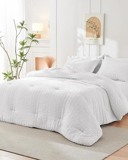 HYMOKEGE Seersucker Queen Comforter Set 3 Pieces, Lightweight Comforter Sets for Bedding, Bed Set with 1 All Season Soft Down Alternative Comforter and 2 Pillow Shams, White - LeafyLoom