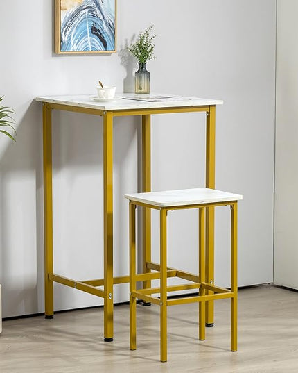 Finnhomy Bar Table, 23.6" Pub Table High Top Table, Square Bar Height Table, Counter Height Cocktail Table, Small Kitchen Table Set for 2, Breakfast for Kitchen, Living Room, White Marble and Gold - LeafyLoom