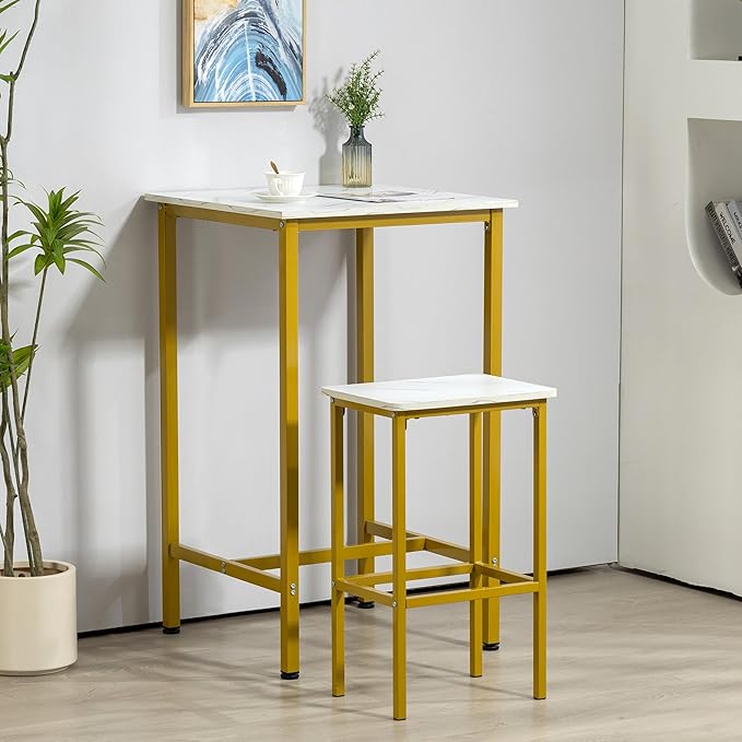 Finnhomy Bar Table, 23.6" Pub Table High Top Table, Square Bar Height Table, Counter Height Cocktail Table, Small Kitchen Table Set for 2, Breakfast for Kitchen, Living Room, White Marble and Gold - LeafyLoom