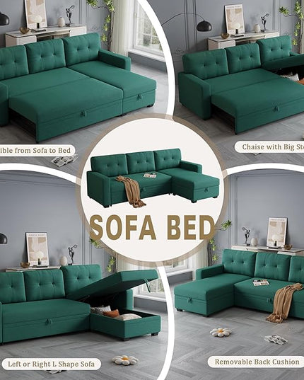 82" Sectional Sofa with Storage Chaise & Pull-Out Bed,L-Shape Convertible 3 Seater Couch W/Tufted Backrest,Reversible Sleeper for Living Room Apartment Office, Green1 - LeafyLoom