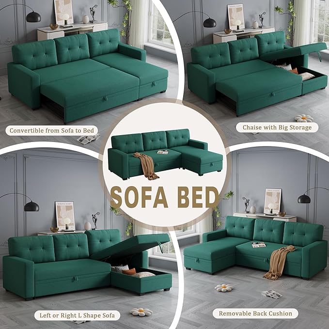 82'' L Shaped Pull Out Couch with Storage Chaise,Convertible Sectional Sleeper Sofa Bed W/ 3 Removable Back Cushions for Living Room,Office,Apartment,Green, 82" - LeafyLoom