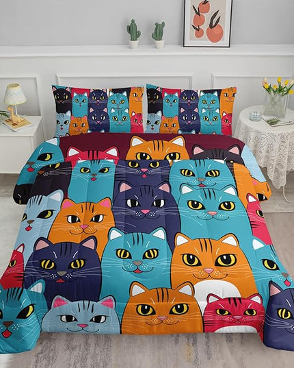 Axolotl Cartoon Cat Comforter Set Kids Bedding Queen Size,Cute Colorful Cat Bedding Set for Kids Boys Girls Adults Teens Room Decor,Kids Comforter Set All Season,1 Comforter 2 Pillow Cases - LeafyLoom