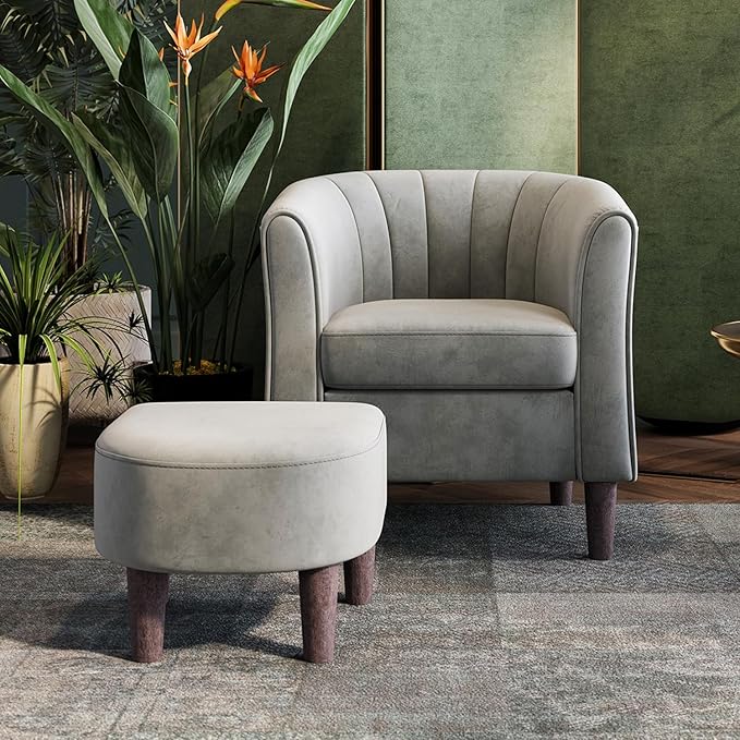 Velvet Accent Chair, Barrel Chair with Ottoman, Modern Comfy Reading Chair Armchair for Living Room Study Room Office, Gray - LeafyLoom