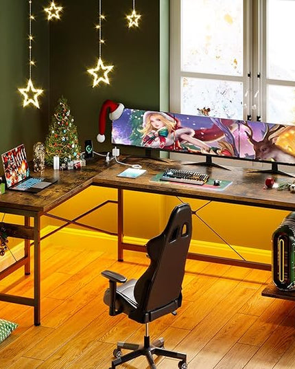 Coleshome 66" L Shaped Gaming Desk with Outlet, L Shaped Desk with CPU Stand, Corner Computer Desk, Home Office Desk, Writing Desk, Vintage - LeafyLoom