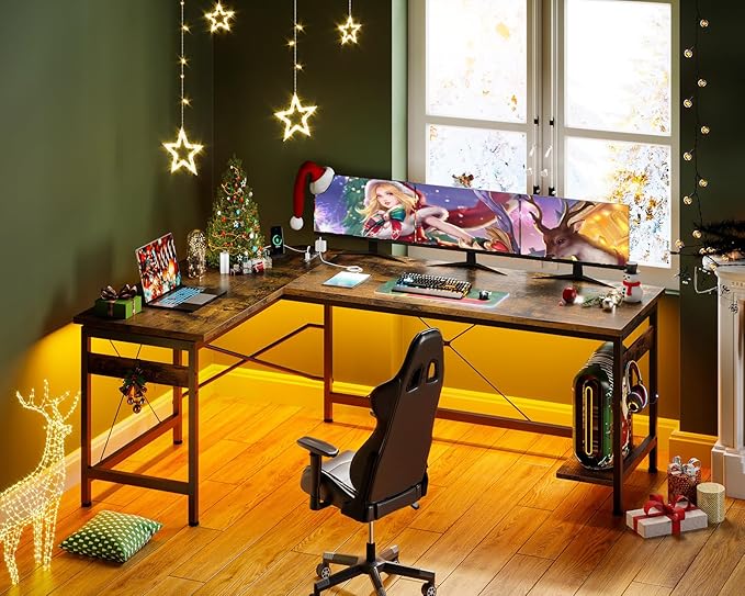 Coleshome 66" L Shaped Gaming Desk with Outlet, L Shaped Desk with CPU Stand, Corner Computer Desk, Home Office Desk, Writing Desk, Vintage - LeafyLoom