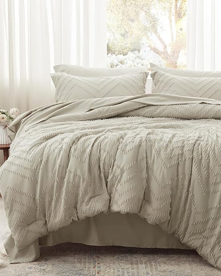 Anluoer King Comforter Set, Oatmeal Tufted Bed in a Bag 7 Pieces with comforters and sheets, All Season Bedding Sets with 1 Comforter, 2 PillowShams, 2 Pillowcases, 1 Flat Sheet, 1 Fitted Sheet - LeafyLoom