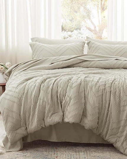 Anluoer Twin Comforter Set, Oatmeal Tufted Bed in a Bag 5 Pieces with comforters and sheets, All Season Bedding Sets with 1 Comforter, 1 PillowShams, 1 Pillowcases, 1 Flat Sheet, 1 Fitted Sheet - LeafyLoom