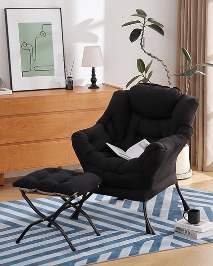 Lazy Chair with Ottoman, Modern Chair with Folding Footrest, Lounge Accent Chair, Comfortable Reading Chair (Peach Black) - LeafyLoom