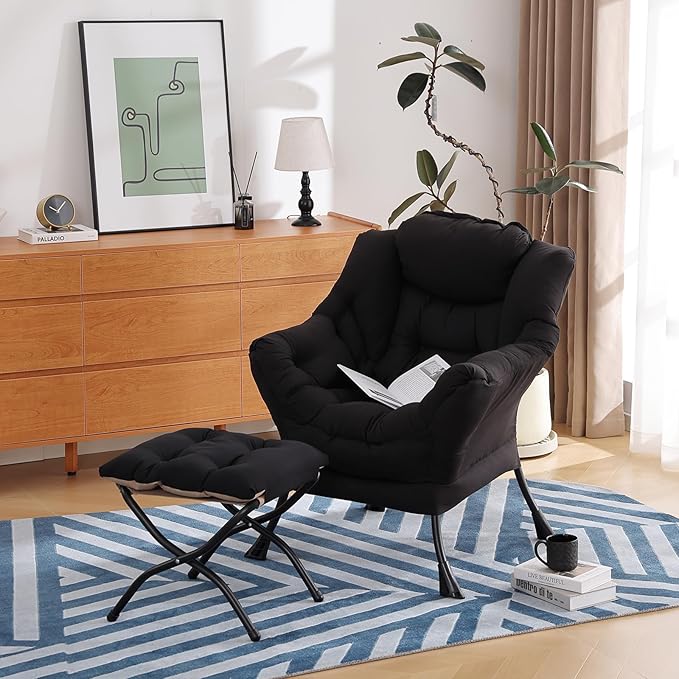 Lazy Chair with Ottoman, Modern Chair with Folding Footrest, Lounge Accent Chair, Comfortable Reading Chair (Peach Black) - LeafyLoom