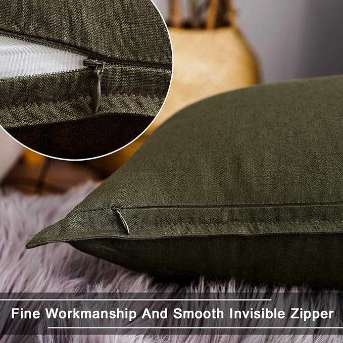 Jeanerlor 18"x18" Solid Cotton Linen Decoration Green Throw Pillow Case with Zipper Cushion Case Pillow Cover Decorative Pillowcase for Chair/Bed/Couch, (45 x 45cm),2 Packs, Olive Green - LeafyLoom