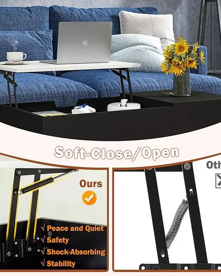 Black Coffee Table with White Lift Top - Modern Industrial Coffee Table with Lifting Top and Hide Compartment Storage - 40 Inch Rectangle Lift Coffee Tables for Living Room - LeafyLoom