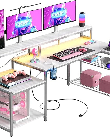 Bestier White Gaming Desk with Power Outlet, 71.5 LED Computer Desk with Monitor Stand, Large L Shaped Desk with Adjustable Shelf, Cup Holder & Headset Hooks, Corner Study Desk for Bedroom - LeafyLoom