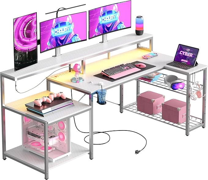 Bestier White Gaming Desk with Power Outlet, 71.5 LED Computer Desk with Monitor Stand, Large L Shaped Desk with Adjustable Shelf, Cup Holder & Headset Hooks, Corner Study Desk for Bedroom - LeafyLoom